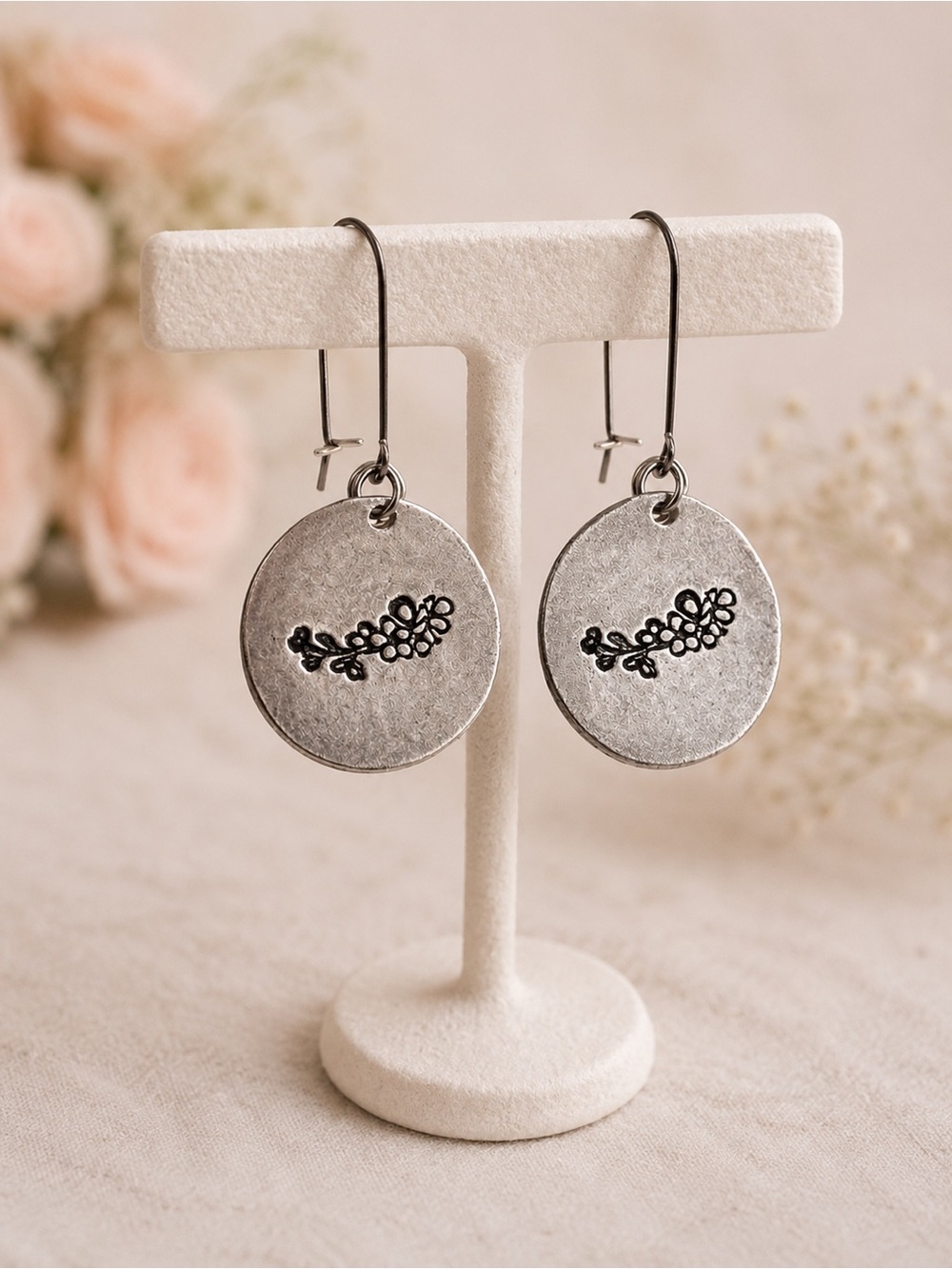 Handmade Silver Disc Earrings Floral Stamped Artisan Minimalist